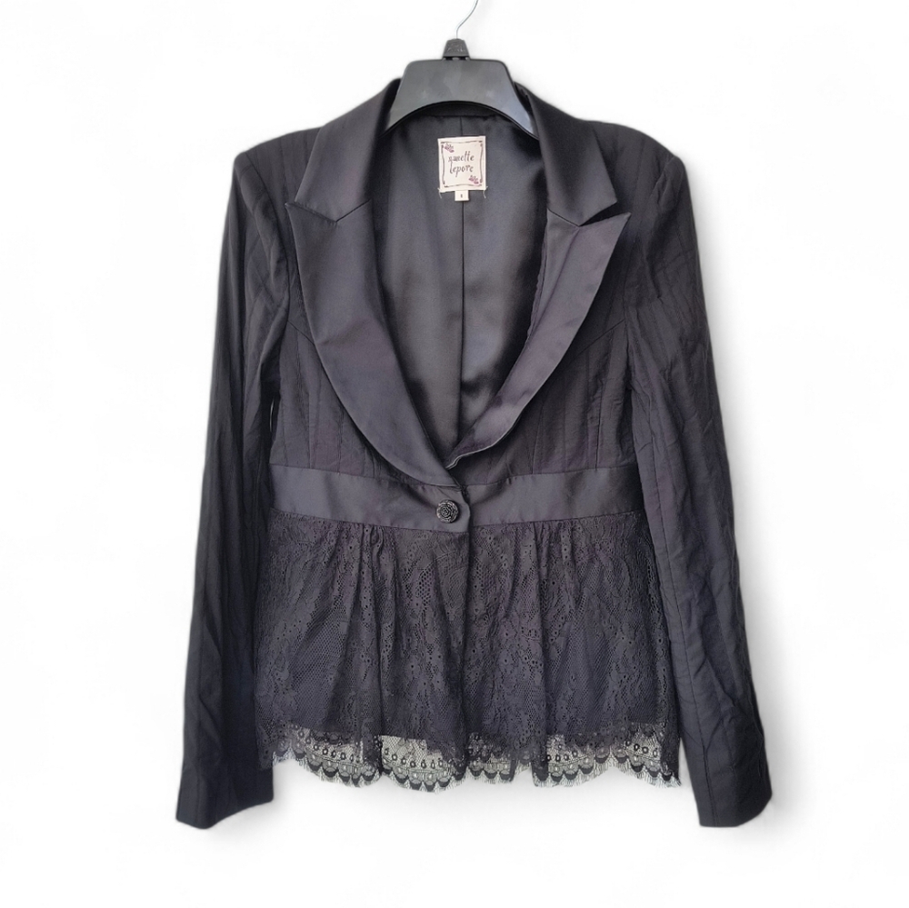 Nanette Lepore Black Lace Trim Business Whimsigoth Work Blazer 8